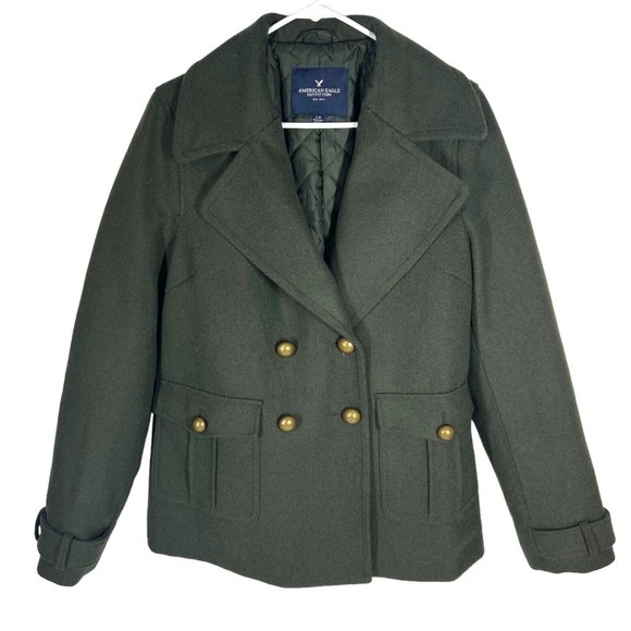 American Eagle Peacoat Women L Army Green Winter Fall Miliatary Wool Jacket Coat - Picture 4 of 16